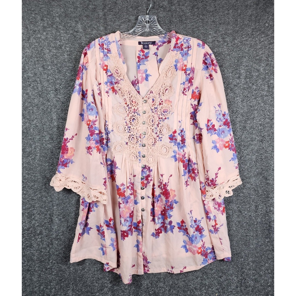 Roaman's Floral‎ Lace Tunic Women 16W Pink Boho Crochet Button Front Pintuck